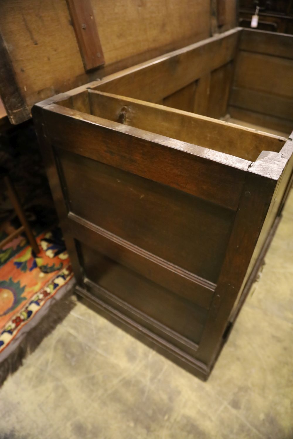 An 18th century oak mule chest, width 146cm depth 55cm height 80cm